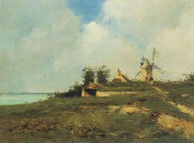 Un paesaggio costiero con mulino a vento